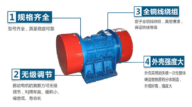 VB振動電機(jī)特點(diǎn)：1，規(guī)格齊全：型號齊全，質(zhì)量穩(wěn)定可靠。2，無極調(diào)節(jié)：振動電機(jī)的激振力可無極調(diào)節(jié)，利用率高，能耗小，噪音低，壽命長。4，外殼輕度大：外殼采用消失模一次性整體鑄造替換原有分體制造，外觀好看，強(qiáng)度大。
