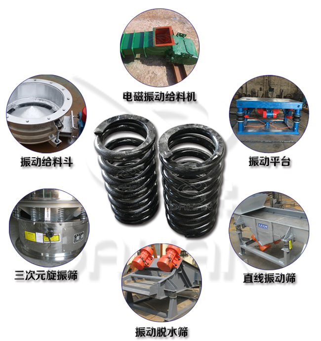 旋振篩減震彈簧適用產(chǎn)品：振動給料機，電磁振動給料機，振動平臺，直線振動篩，振動脫水篩，三次元旋振篩。