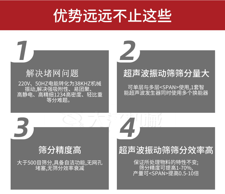 超聲波振動(dòng)篩優(yōu)勢：1，高效解決堵網(wǎng)問題220V，50HZ電能轉(zhuǎn)化為38KHZ機(jī)械振動(dòng)，解決強(qiáng)吸附性，易團(tuán)聚，高靜電，高精細(xì)1234高密度，輕比重等難題。2，超聲振動(dòng)篩篩分量大：可單層與多層使用1套只能超聲波發(fā)生器同時(shí)使用多個(gè)換能器。3，適合大于500目篩分，具備自潔功能，無網(wǎng)孔堵塞，無篩分效率衰減。4，超聲波振動(dòng)篩篩分效率高：保證所處理物料的特性不變，篩分精度可提高1-70%。