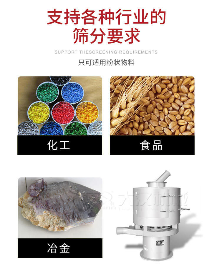 氣流篩用于礦粉，石墨粉，活性納米碳酸鈣，鋁灰，大豆粉，碳酸重鈣，石墨粉，木粉，干草，重金石粉，藥粉末，橡膠顆粒，草酸鹽，干料粉，木粉，聚酯粉，干粉，塑料，金屬粉末，橡膠粉，粉煤灰，石墨粉，陶瓷粉，鋅粉，石英粉，石灰粉，鐵粉，金屬硅粉等。