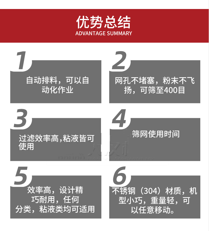 過濾篩優(yōu)勢(shì)總結(jié)：1，自動(dòng)排料，可以自動(dòng)化作用。2，網(wǎng)孔不堵塞，粉塵不飛揚(yáng)，可篩至400目。3，過濾效率高，任何粒，粉，粘液也可使用。4，篩網(wǎng)設(shè)計(jì)大大提高了篩網(wǎng)使用時(shí)間，也魏換網(wǎng)提高了方便。5，效率高，設(shè)計(jì)精巧耐用，任何分類設(shè)計(jì)精巧耐用，任何分類，粘液類均可適用。6，不銹鋼材質(zhì)機(jī)型小巧，重量輕，可以任意移動(dòng)。