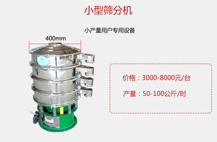 小型篩分機(jī)產(chǎn)量可達(dá)100公斤/時(shí)，價(jià)格3000元起。