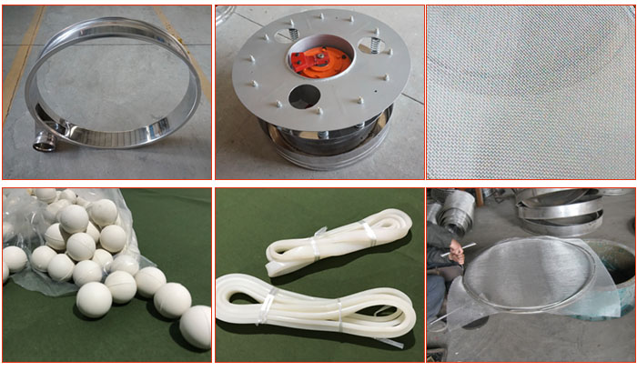 800型全不銹鋼振動(dòng)篩配件有：振動(dòng)篩篩框，電機(jī)，不銹鋼篩網(wǎng)等。