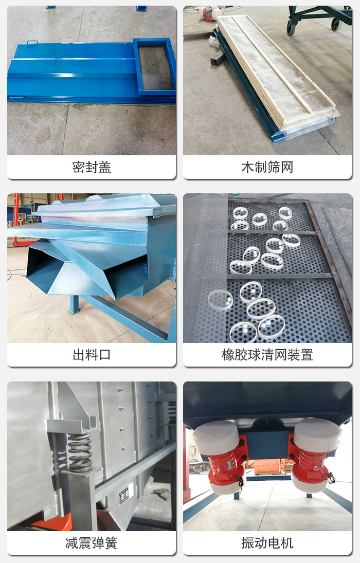 直線篩結(jié)構(gòu)展示：篩網(wǎng)，篩箱，振動電機，振動電機座，減震彈簧，支架等部件展示圖