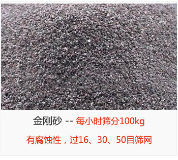 篩分金剛砂每小時(shí)100kg，有腐蝕性，過16、30、50目篩網(wǎng)