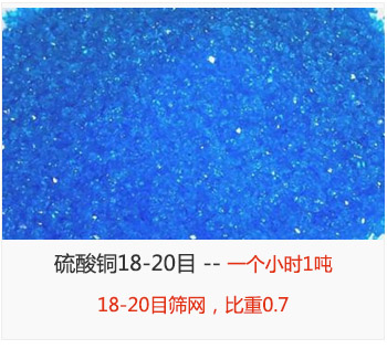 篩分18-20目的硫酸銅 產(chǎn)量一個(gè)小時(shí)1噸，采用18-20目篩網(wǎng)，比重0.7