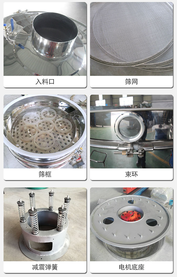 醫(yī)藥振動(dòng)篩有電機(jī)底座，減震彈簧，束環(huán)，篩框，入料口，篩網(wǎng)等部件展示。