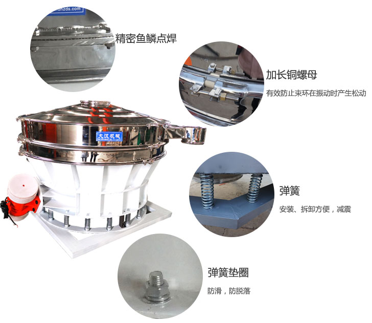 1500直排篩細節(jié)展示：彈簧，彈簧墊圈，加長銅螺母。