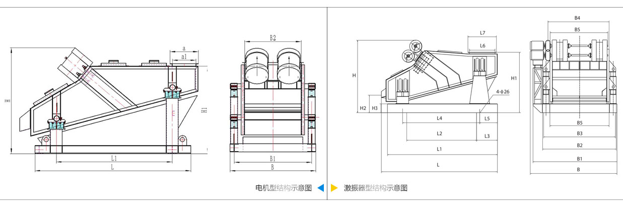 礦用振動(dòng)篩電機(jī)振動(dòng)式和激振器振動(dòng)式的內(nèi)部結(jié)構(gòu)尺寸圖。