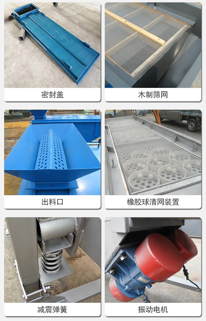 直線篩分機(jī)的結(jié)構(gòu)展示圖：篩箱是物料主要篩分設(shè)備之一，篩網(wǎng)用于篩分物料，振動電機(jī)幫助篩網(wǎng)篩分。
