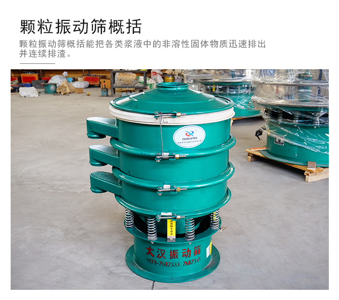 顆粒式振動篩是針對顆粒狀物料進行研發(fā)的，由于顆粒的形狀有很多的不同所以，廠家在清網(wǎng)裝置方面進行提升效率。