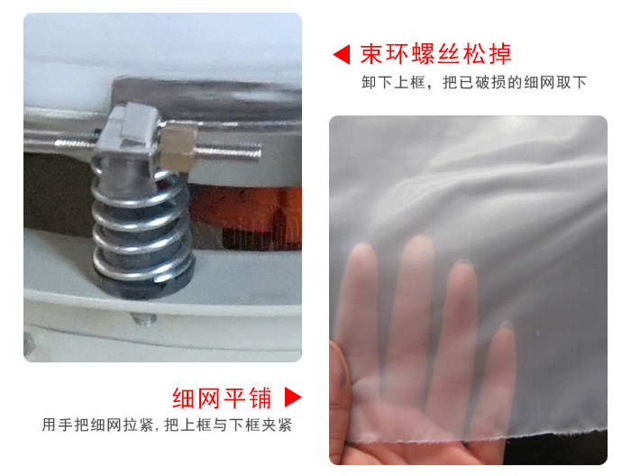 換網(wǎng)步驟：先松開束環(huán)，把新的細(xì)網(wǎng)平鋪在網(wǎng)架上繃緊