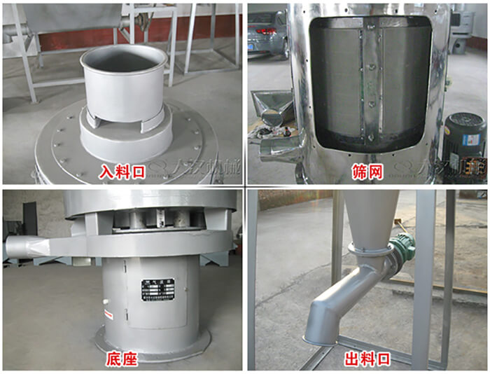 氣流篩部件展示：入料口，篩網，底座，出料口等。
