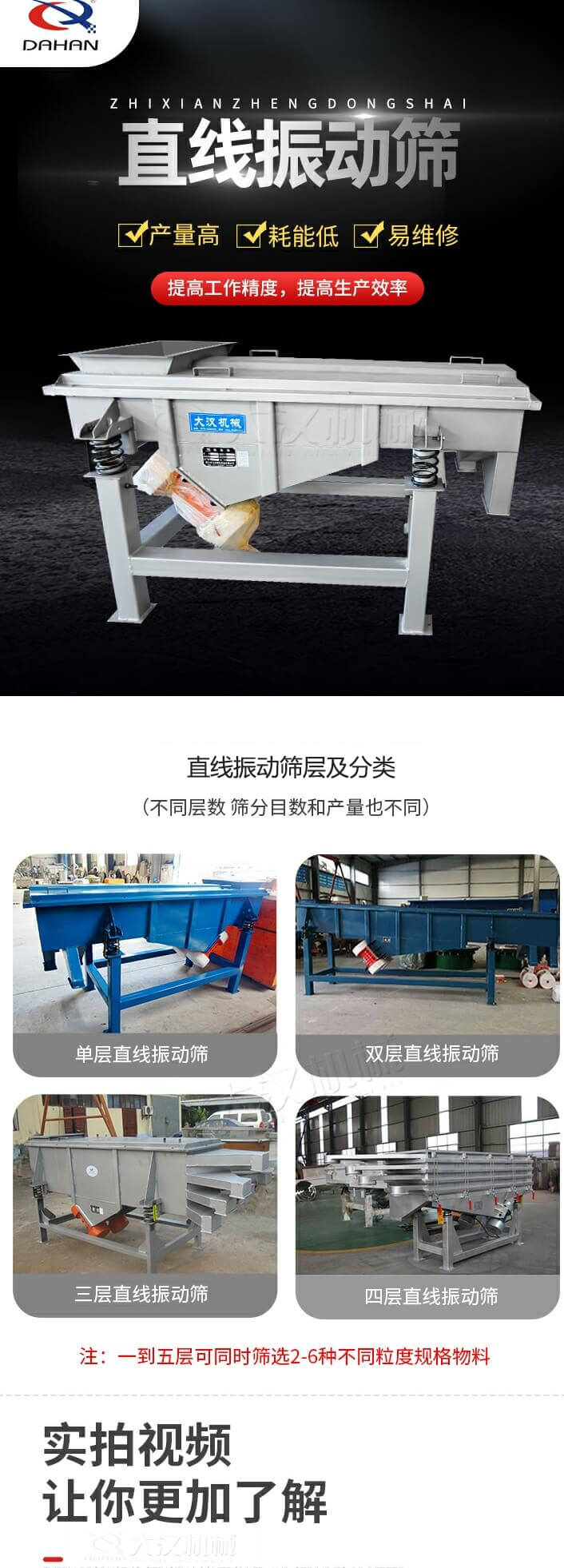 直線振動篩概述，產(chǎn)量高，耗能低，易維修，提高工作精度，提高生產(chǎn)效率，直線振動篩層級分類：不同層數(shù)，篩分目數(shù)和產(chǎn)量也不同：單層，雙層，三層，四層等。