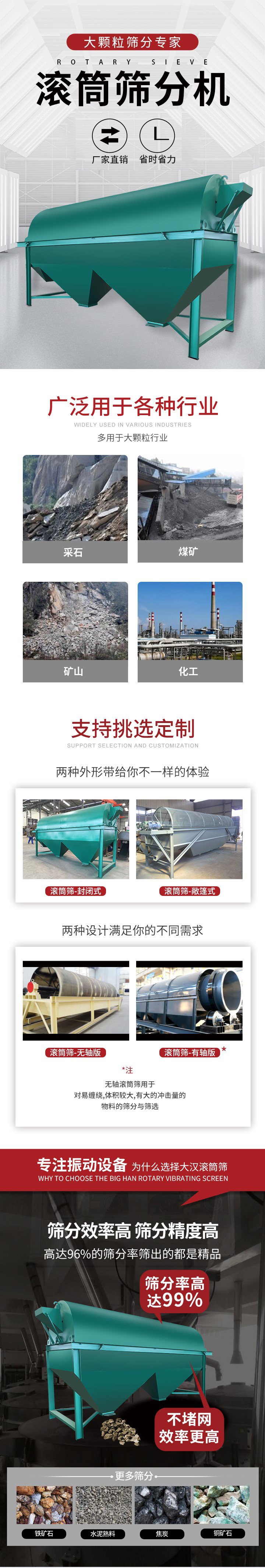滾筒篩分機(jī)大顆粒篩分專家：廠家直銷，省時(shí)省力。滾筒篩被廣泛應(yīng)用各種行業(yè)：多用于大顆粒行業(yè)例如：采石，煤礦，礦山，化工等。滾筒篩定制類型有哪些：封閉式與敞篷式產(chǎn)品結(jié)構(gòu)分為：無軸式，有軸式兩種，無軸滾筒篩用于對(duì)纏繞，體積較大，有大的沖擊量的物料的篩分與篩選。滾筒篩篩分效率高篩分精度能夠達(dá)到：96%也比較適用于鐵礦石，水泥熟料，焦炭，銅礦石。滾筒篩特點(diǎn)：不飛粉末：密封隔離罩，密封性好，工作過程不會(huì)出現(xiàn)飛粉現(xiàn)象。外型尺寸是按筒體長計(jì)