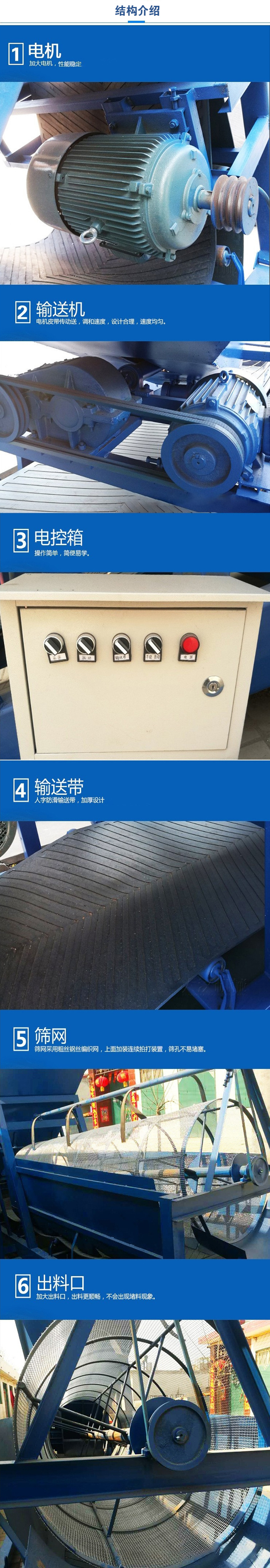 移動(dòng)篩沙機(jī)結(jié)構(gòu):電機(jī)，加大電機(jī)，性能相對(duì)比較穩(wěn)定。輸送機(jī)：電機(jī)皮帶傳動(dòng)送，調(diào)和速度，設(shè)計(jì)合理，速度均勻。電控箱：操作簡單，簡便易學(xué)。輸送帶：人字防滑輸送帶，加厚設(shè)計(jì)。篩網(wǎng)，采用粗絲鋼絲編織而成的篩網(wǎng)，上面加裝連續(xù)拍打裝置，篩孔不易堵塞。出料口：加大出料口，出料更順暢，不會(huì)出現(xiàn)堵料現(xiàn)象。