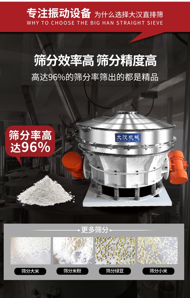 直排篩適用物料有面粉，淀粉，洗衣粉，金屬粉，添加劑，化工，非礦等行業(yè)。