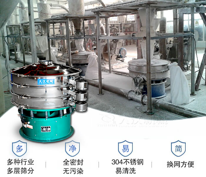 多種行業(yè)多層篩分采用全密封結(jié)構(gòu)，無污染。304不銹鋼材質(zhì)易清洗。同時(shí)換網(wǎng)方便。