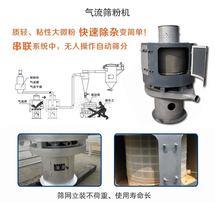 氣流篩粉機(jī)適用：質(zhì)輕，粘性大微粉采用串聯(lián)系統(tǒng)重，無人操作自動(dòng)篩分 特點(diǎn)：篩網(wǎng)立裝不負(fù)重，使用壽命長(zhǎng)。