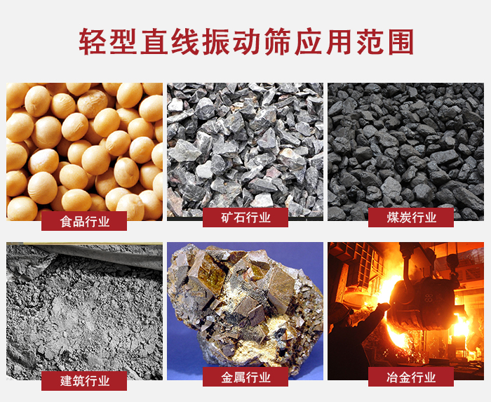 輕型直線振動(dòng)篩應(yīng)用范圍較廣多使用與顆粒狀，粉狀以及其它重型行業(yè)的輸送。