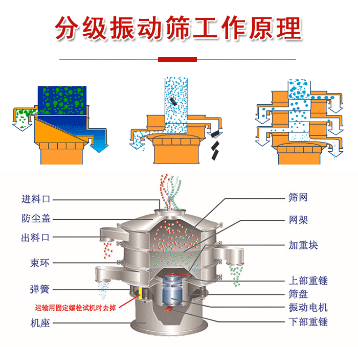 分級振動篩內(nèi)部結構：進料口，防塵蓋，出料口，束環(huán)，彈簧，機座，篩網(wǎng)，網(wǎng)架，上部重錘，振動電機，下部重錘。