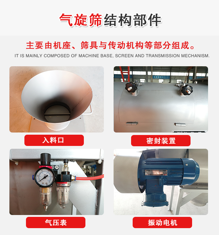 氣旋篩結(jié)構(gòu)：入料口，密封裝置，電機，氣壓表等
