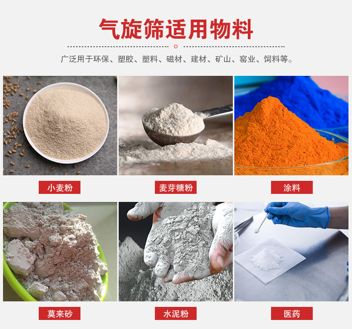 氣旋篩適用物料：小麥粉，麥芽糖粉，涂料，等粉狀物料。