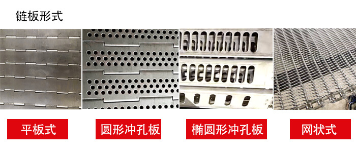 鏈板輸送機鏈板的不同形式：平板式，圓形沖孔板，網(wǎng)狀式等