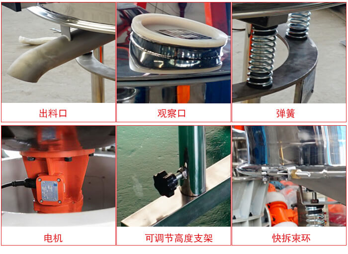 高頻篩細(xì)節(jié)展示：出料口，觀察口，彈簧，電機(jī)，可調(diào)節(jié)高度支架，快拆束環(huán)。